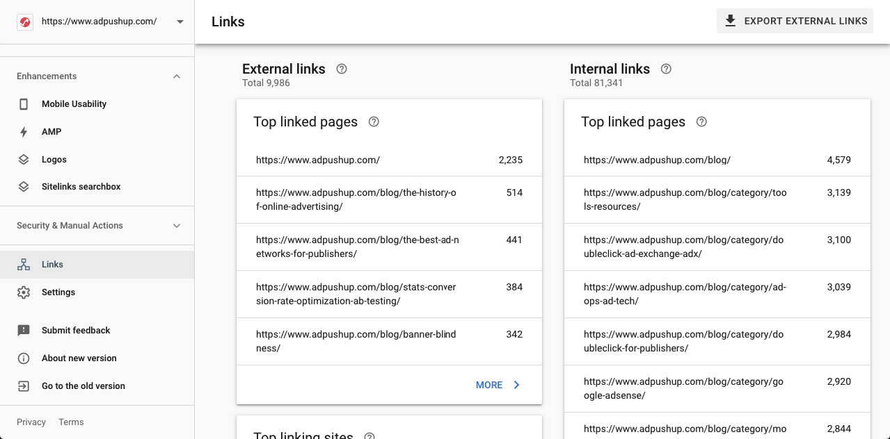 Top internal and external links in Google Search Console