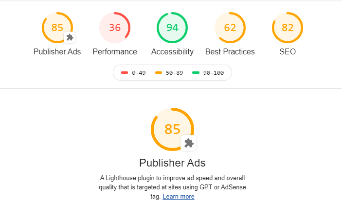Publishers ads audit for lighthouse report